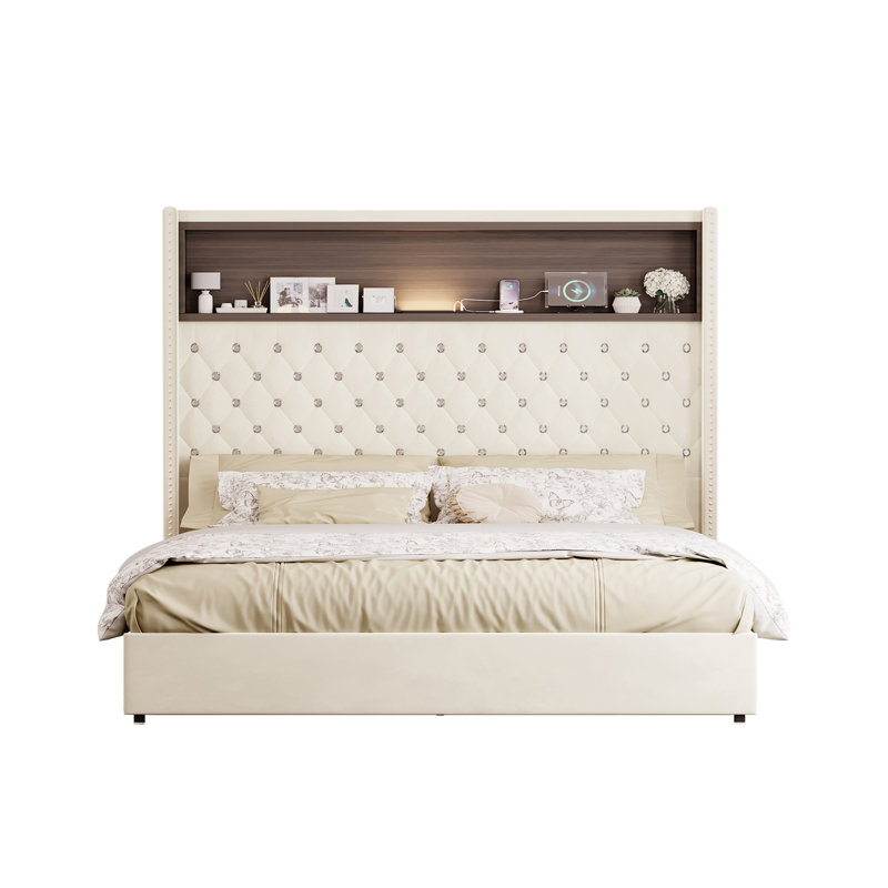 Structure de lit grand capitonnée en velours avec USB et veilleuse, tête de lit et tablette à oreilles de 52 po de hauteur