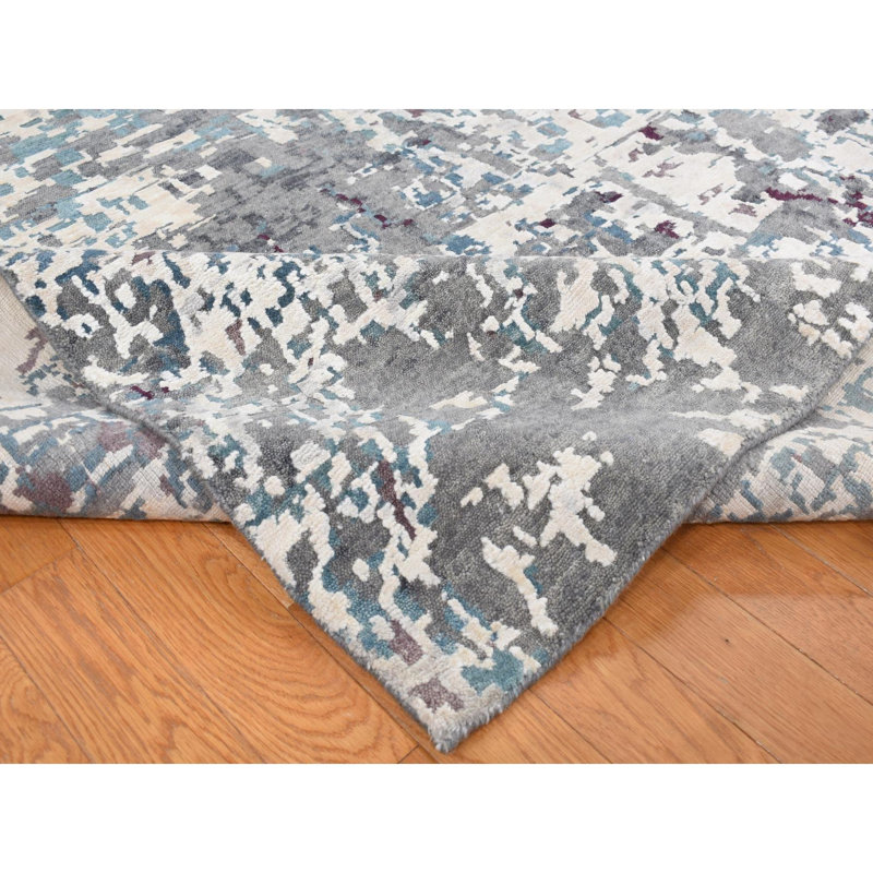 Tapis gris en laine et en soie noué à la main de conception abstraite moderne 9 pi 10 po x 13 pi 7 po 34DA02CB50264FE190935E7B78B3B96F