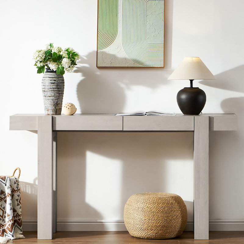Console de 63 po en bois de style minimaliste moderne pour le hall d'entrée et le salon avec 2 tiroirs, Aulne blanc