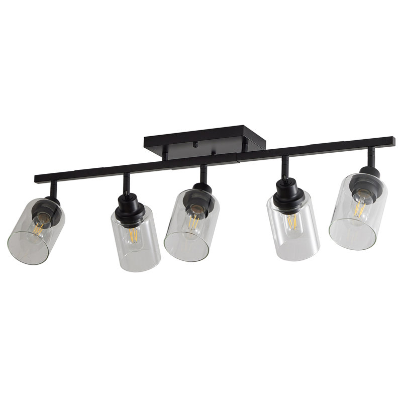 Ensemble d'éclairage sur rail à 5 ​​spots noirs, appliques murales pour salle de bain, plafonniers de cuisine, spots orientables avec abat-jour en verre transparent pour cuisine, magasin ou couloir.