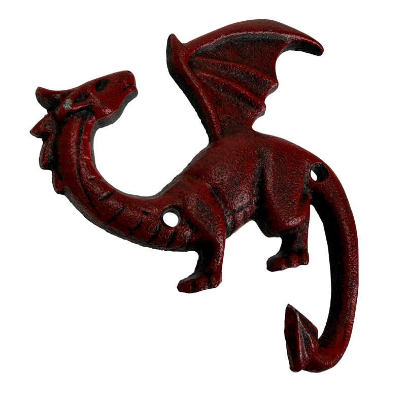 Ensemble de 3 crochets muraux en fonte en forme de dragon, couleur rouille rouge avec détails noirs, hauteur 13,3 cm (5,25 pouces).