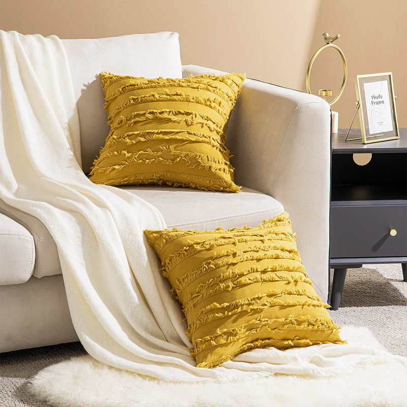Tassels Reversible Pillow Cover, Yellow, 16" H x16" W