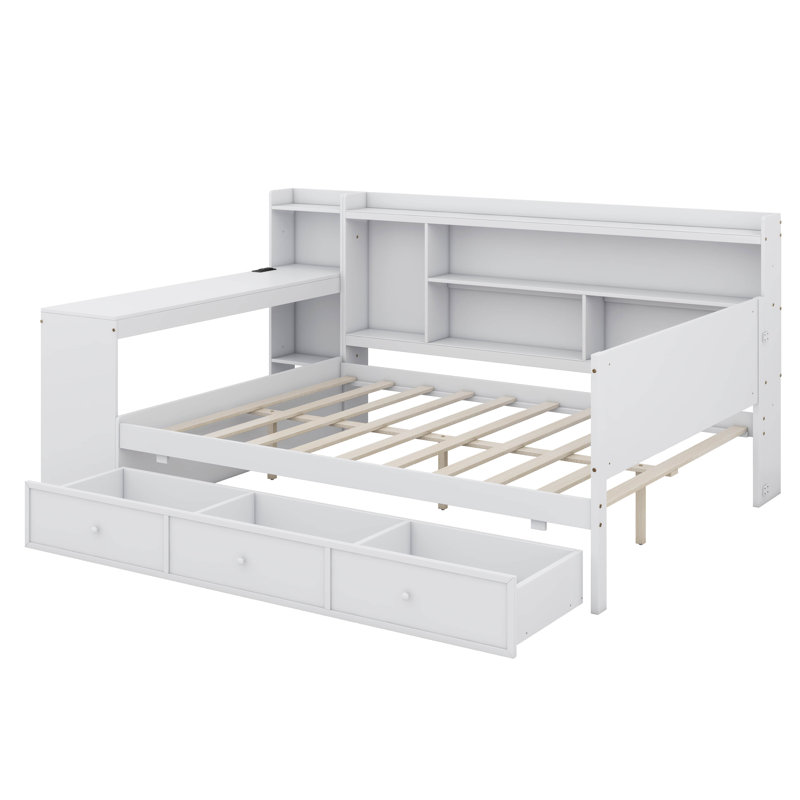 Lit de jour double avec tablettes de rangement, tête de lit et bureau, lit plateforme en bois avec 3 tiroirs et ports USB