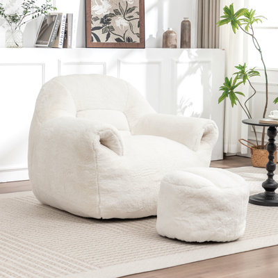 Fauteuil à billes, fauteuil à billes confortable avec support pour le dos, avec repose-pieds, fauteuil à billes en fausse fourrure pour adultes et enfants, canapé rembourré pour salon, chambre à coucher, appartement, blanc
