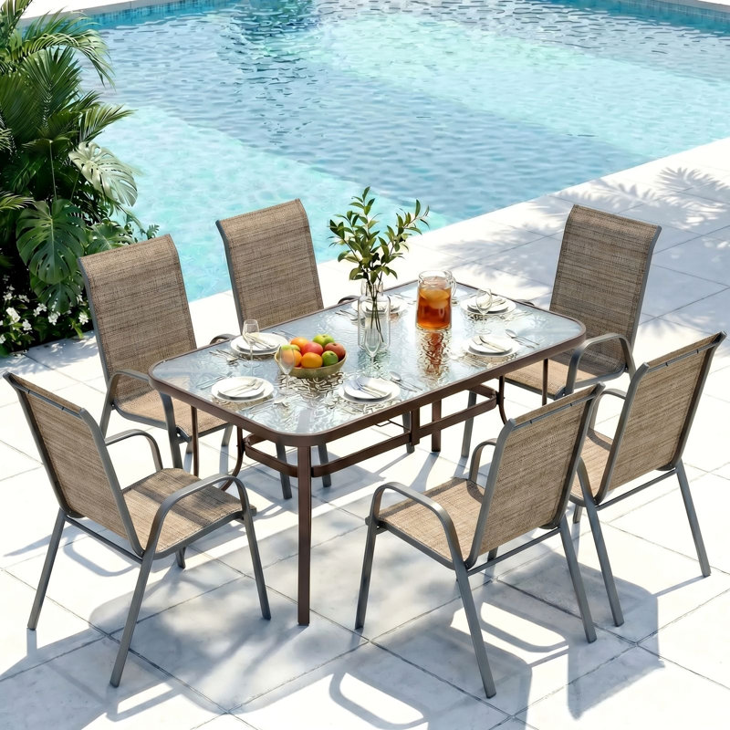 Patio Dining Set For 6, Outdoor Table And Chairs W/1.69?Umbrella Hole, All Weather Patio Furniture Set, 30"X 55" Table And Stackable PVC-coated polyester Chair, For Lawn, Deck (Umbrella Not Included)