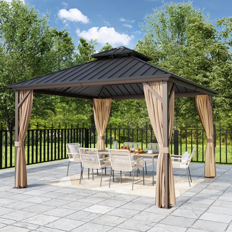 11.6 FT.W × 11.6 FT.D Outdoor 2-Tier Steel Hard Top Patio Gazebo with Total Mesh Protection