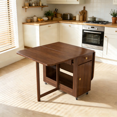 Folding Drop Leaf Table, Fully Assembled Solid Wood Space-Saving Kitchen Table with Storage & Lockable Wheels (Only the table, without the chairs)