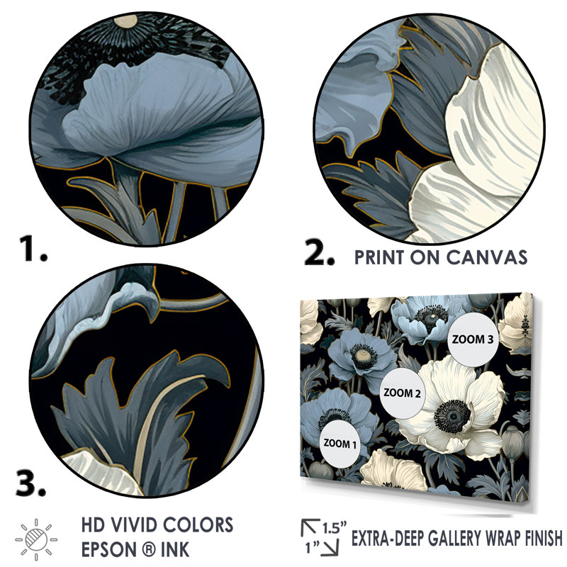 Coquelicots Euphoria bleu et gris I, H 34 po x l 44 po x P 1,5 po, Cadre simple argenté