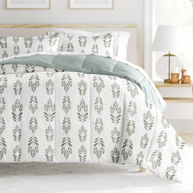 King White and Green Reversible Down Alternative Comforter Set