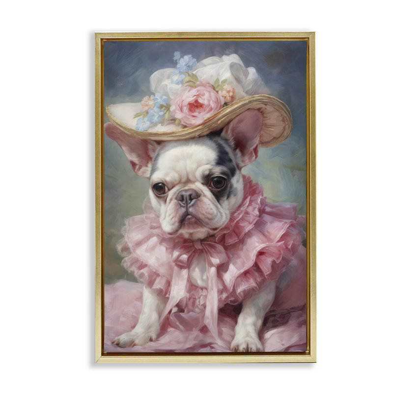Cadre flottant Frenchie dans une robe rose, design par Wumples, H 31 po x l 21 po, Cadre flottant métallique doré