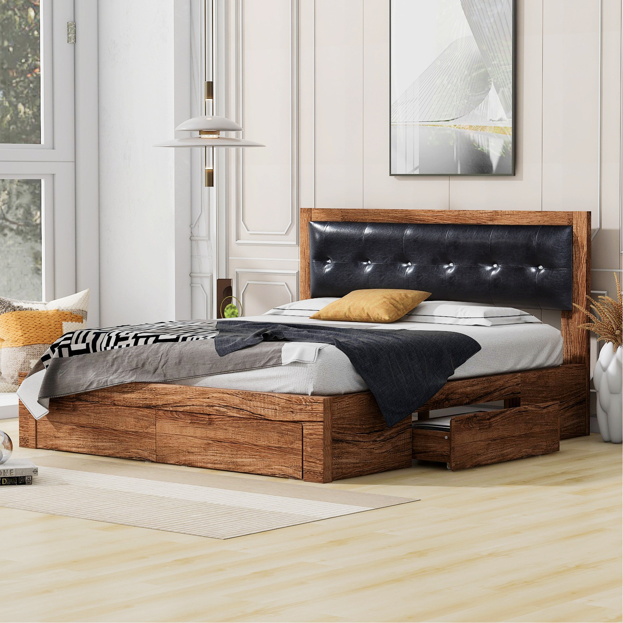 Millwood Pines Wood Platform Bed with Upholstered Headboard and 4 ...