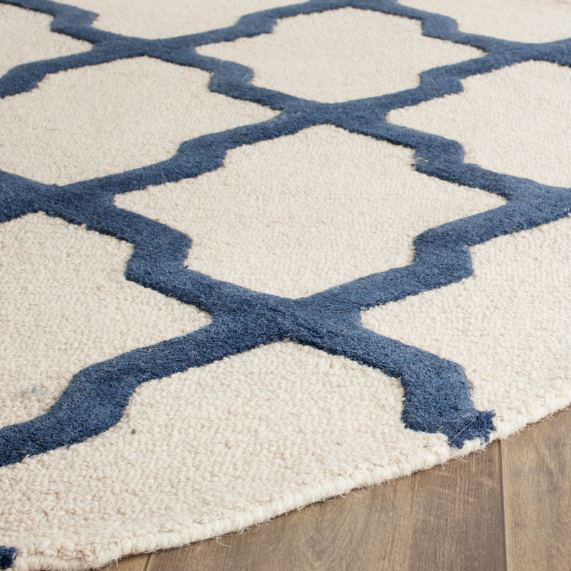 Cannen Hand Tufted Wool Geometric Rug, Round 6', Ivory/Navy Blue