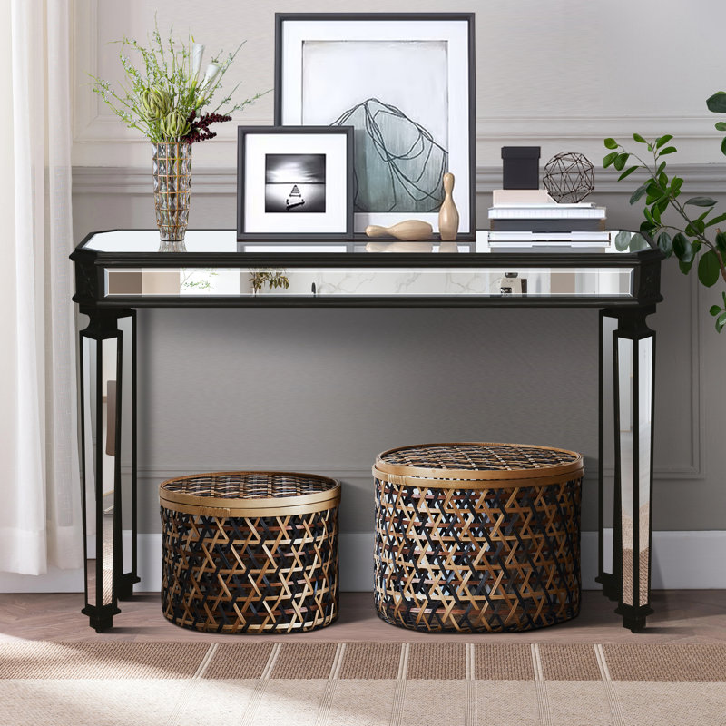 Mirrored Console Table With Vintage Wood Carving Process, Oval Shape For Living Room - Black & Silver, 48"W X 32.7"H 14"D, Solid + Mirror Elements, Glass