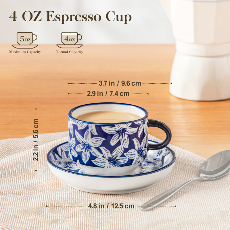 6 Piece Stackable Ceramic Espresso Cup & Saucer Set In Plant And Flower Patterns With Silver Holder | 5 Oz Demitasse Set, Modern Stacking Design