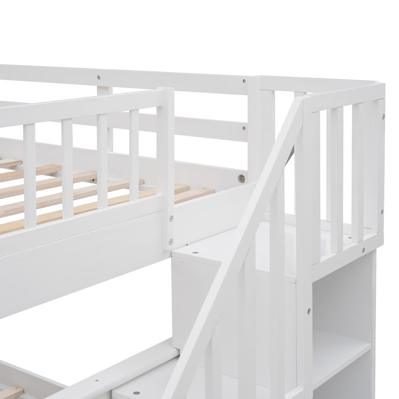 Lit superposé standard avec escalier et rangement, Blanc, Double sur double