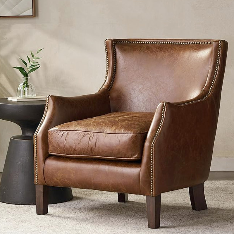 Chaise de salon en cuir fleur de qualité supérieure, brun, accoudoirs de luxe à assise confortable, revêtement