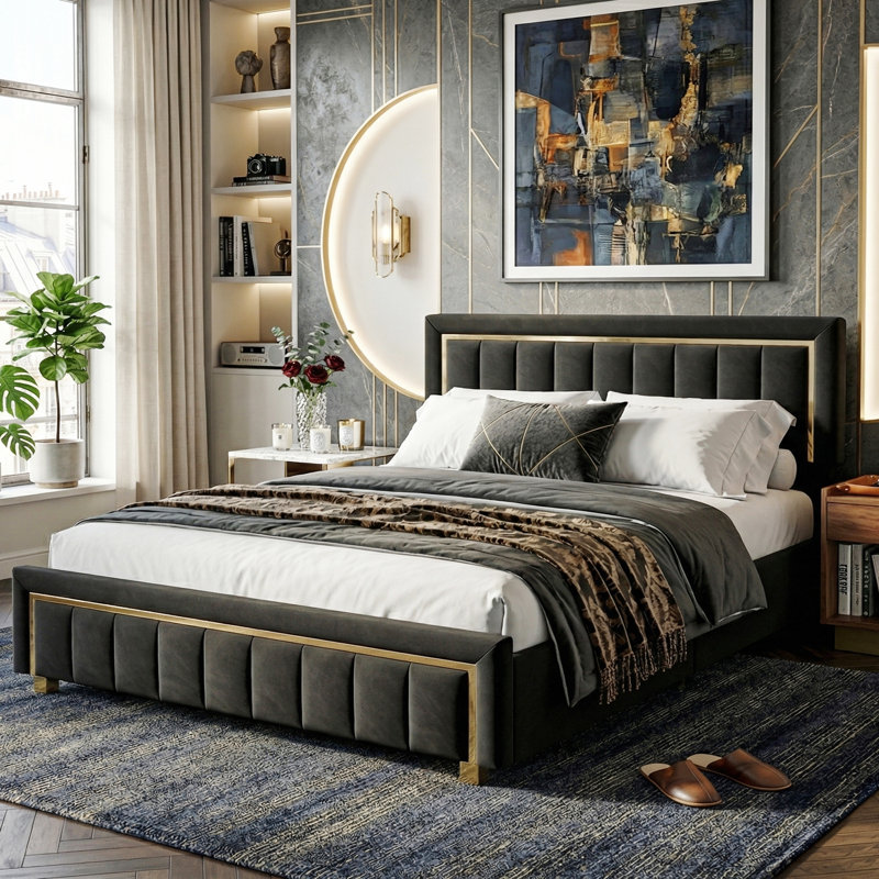 EU Double/King Velvet Ottoman Bed with Fluted Gold-Trim Headboard, Luxury Gas-Lift Storage Bed, Beige/Black, 140/160x200cm