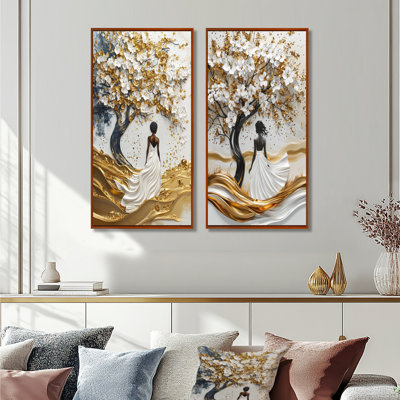 Gold African Woman Silhouette Basswoo I - Tree Amercian Basswood Wall Art 2 Pieces Set