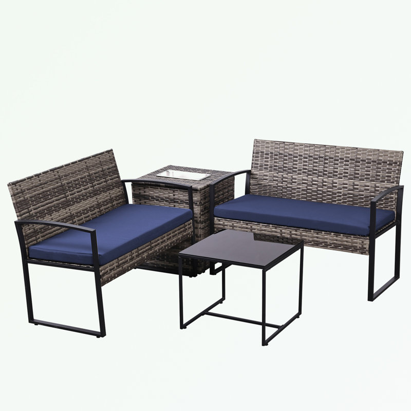 Ensemble de meubles d'extérieur en osier 4 pièces avec coussins lavables et boîte de rangement, Bleu, Gris
