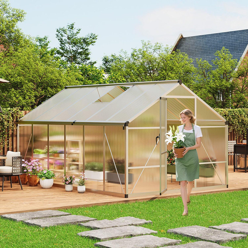 8 x 10/12FT Polycarbonate Walk-in Greenhouse with Roof Vent, Aluminum Frame Large Garden Greenhouse for Outdoors, Silver