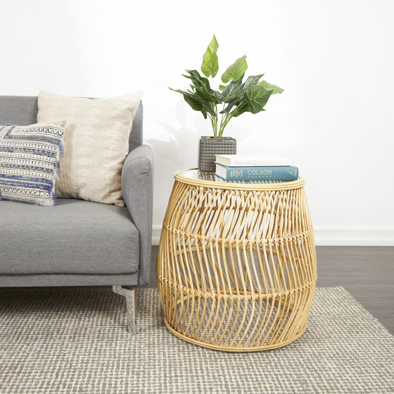 Table d'appoint en rotin avec plateau en verre