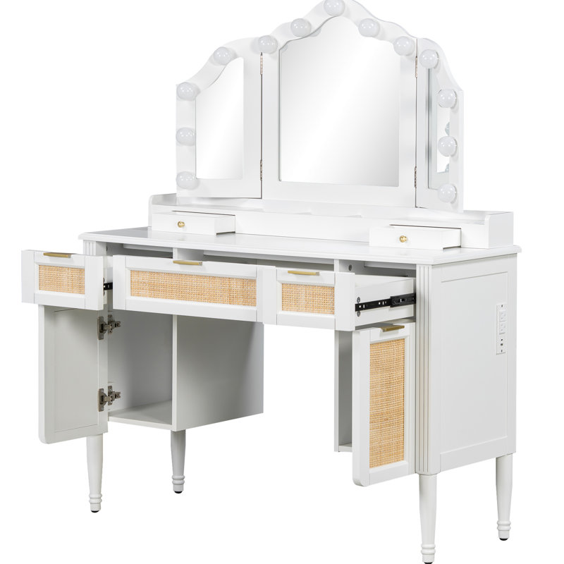 44.57" Makeup Vanity Desk With 13 Bulbs, 3 Lighting Modes, Tri - Fold Mirror, 5 Drawers, Shelves, And Charging Station For Bedroom White, Ample Storage, Construction Dressing Type Variations, Drawers