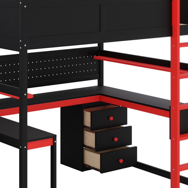 Lit mezzanine en bois multifonctionnel avec configuration de jeu, marches de rangement, bureau et panneau perforé d'organisation