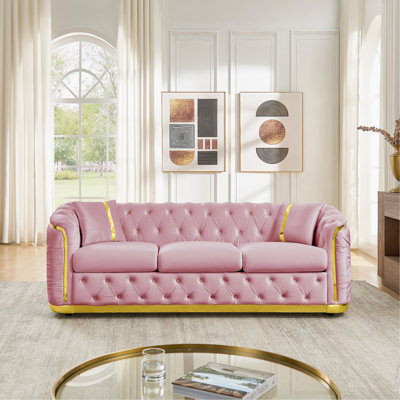 84.6 Inches 3 Seater Mid Century Modern Chesterfield Sofa, Luxury Velvet Pink and Gold Couch for Living Room Tufted Couch with Stainless Steel Decoration & 2 Pillows, Pink