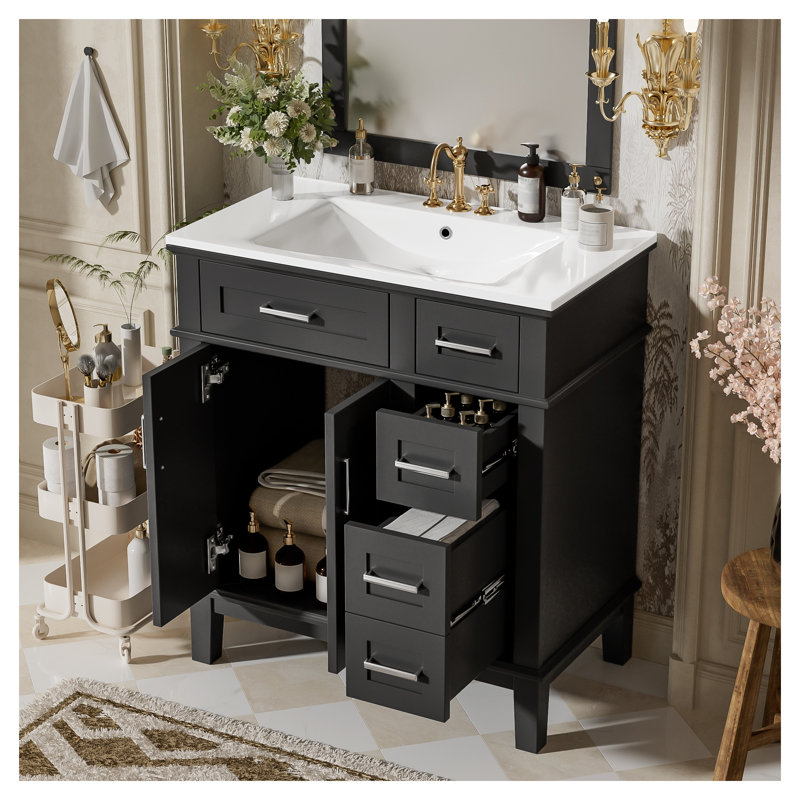 Meuble-lavabo moderne 30 po avec lavabo en céramique, armoire de rangement en bois massif et portes à fermeture douce pour petits espaces