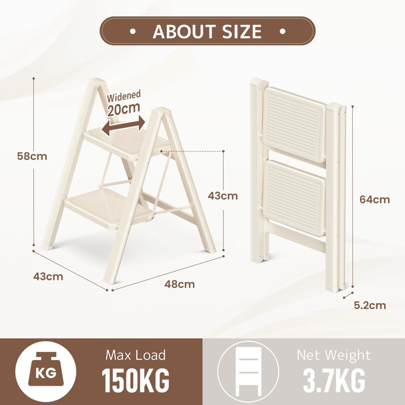 2 Step Stool for Adults, Folding Step Ladder with Secure Footing, Cream White
