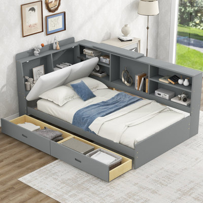 Lit plateforme en bois avec tablettes de rangement et 2 tiroirs