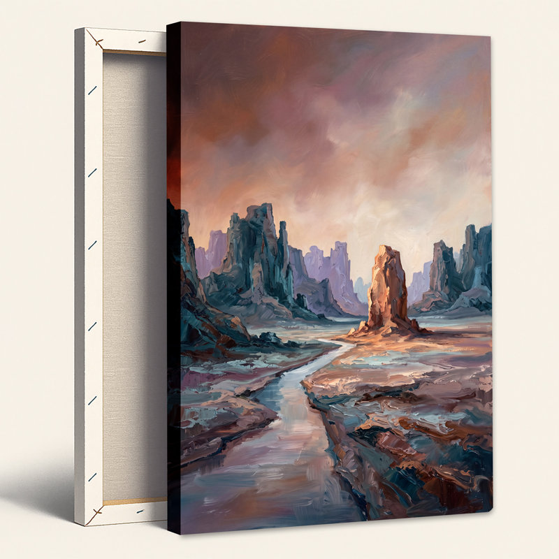 Formations rocheuses bleues et oranges se détachant sur un ciel au coucher du soleil - Tableau sur toile, H 36 po x l 24 po