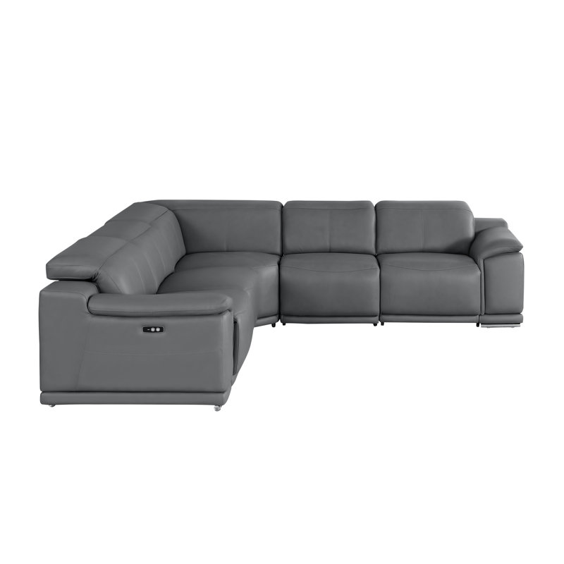 5-Piece L-Shaped Power Reclining Sectional In Genuine Leather – 3 Recliners, Dark Gray Top Grain Leather