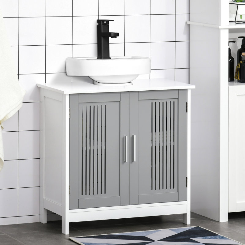Meuble sous-lavabo peu encombrant - armoire de salle de bain grise et blanche, 2 portes, tablettes réglables, solution de rangement