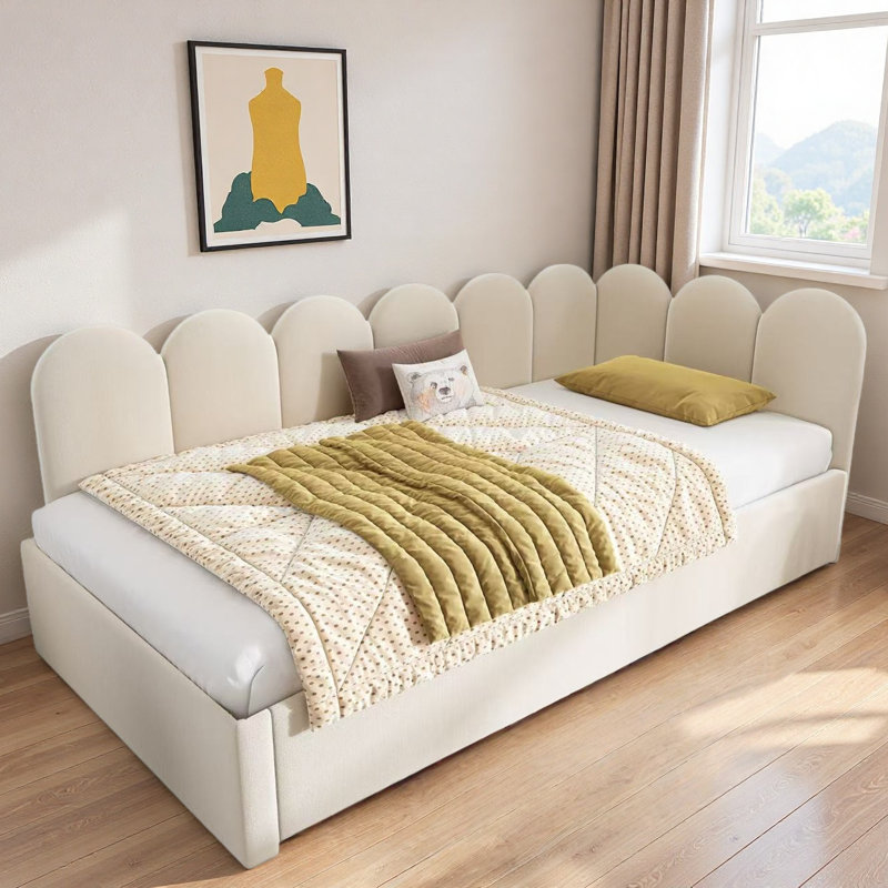 Upholstered Daybed With Adjustable Side Panels And Casters, Beige