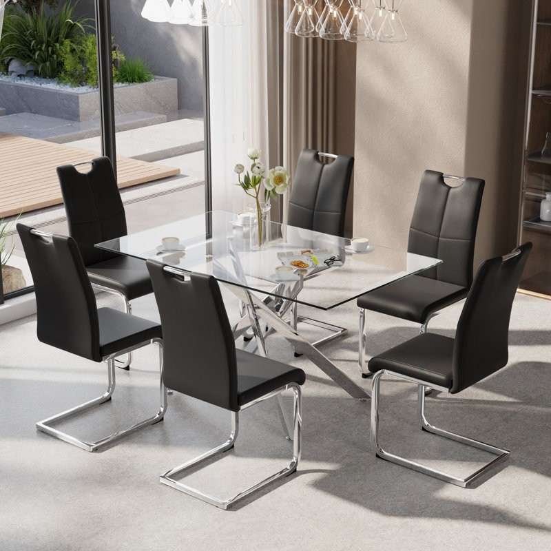 Ensemble de table de salle à manger 51 pouces en verre, ensemble de table de cuisine moderne avec chaise rembourrée en cuir polyuréthane à haut dossier pour la salle à manger de cuisine