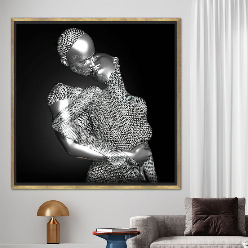 3D Canvas with Kissing Couple Design - Abstract Modern Romantic Bedroom Wall Art, Framed Print without Mat, Gold