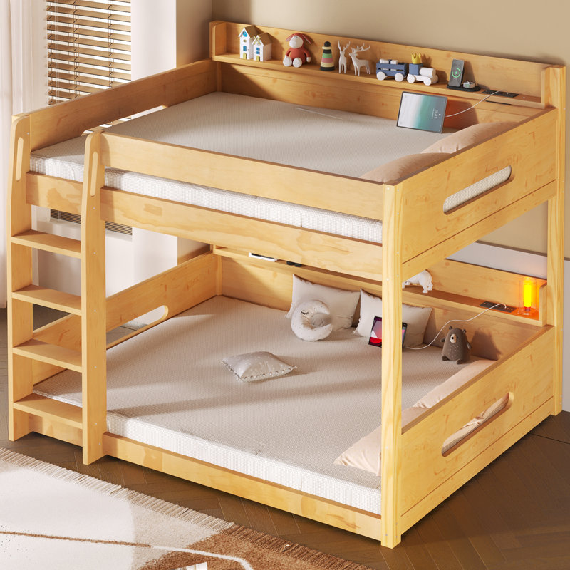 Queen over Queen Wood Bunk Bed with Storage Shelves & USB Ports, Space-Saving Wooden Bunk Bed, Wood Color, Wood