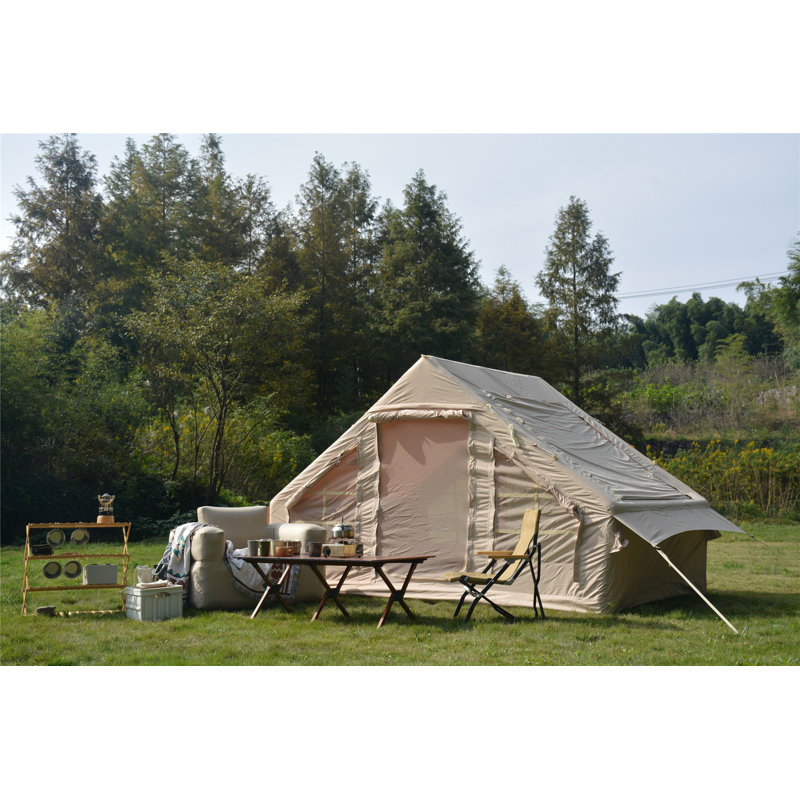 Tentes de camping gonflables 9,8 x 13 pi avec pompe à main, tentes de glamping à l'air, tente de soufflage imperméable et coupe-vent facile à installer, tente de chalet 4 saisons Oxford avec fenêtre en filet et cheminée