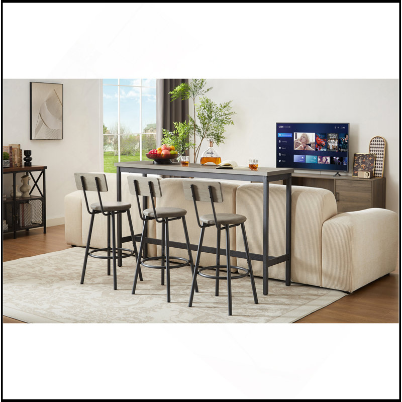 Long Bar Table Set With 3 PU Upholstered Bar Stools, Industrial Bar Table And Chairs For Kitchen Breakfast Table, Living Room, Banquet Hall, Rustic  63″L X15.7"W X 37.5"H