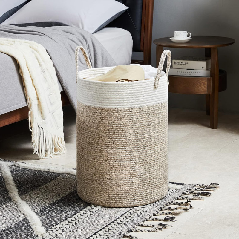 Fabric Laundry Hamper, White/Brown