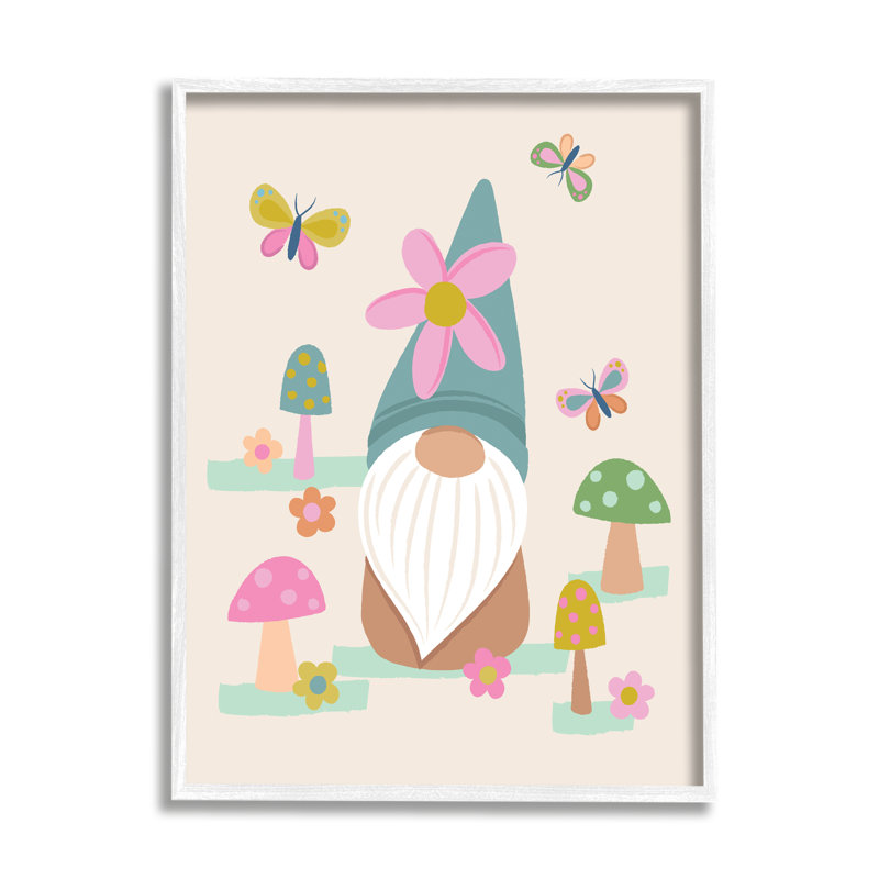 Flottant papillons, gnome de jardin, fleurs roses, Lisa Perry, L 16 po x H 20 po, Giclée encadrée noir minuit