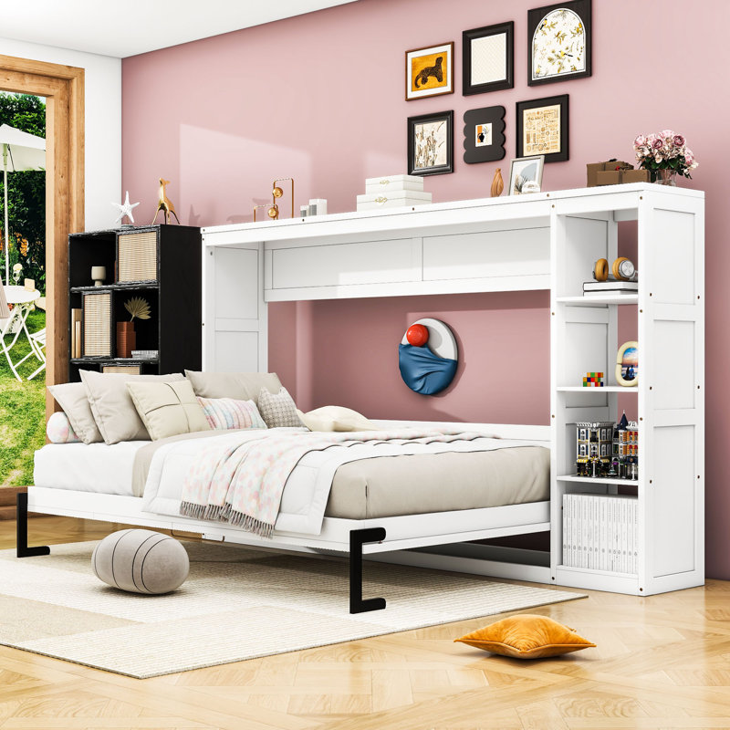 Lit escamotable en bois avec bibliothèque, Blanc, Double