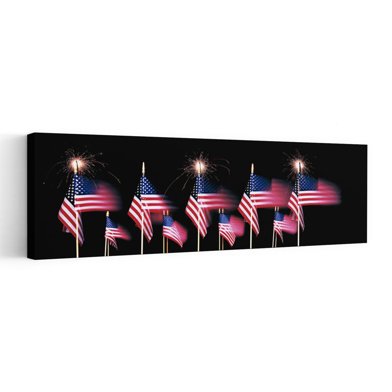 «Us Flags And Fireworks», art mural traditionnel, H 20 po x l 60 po