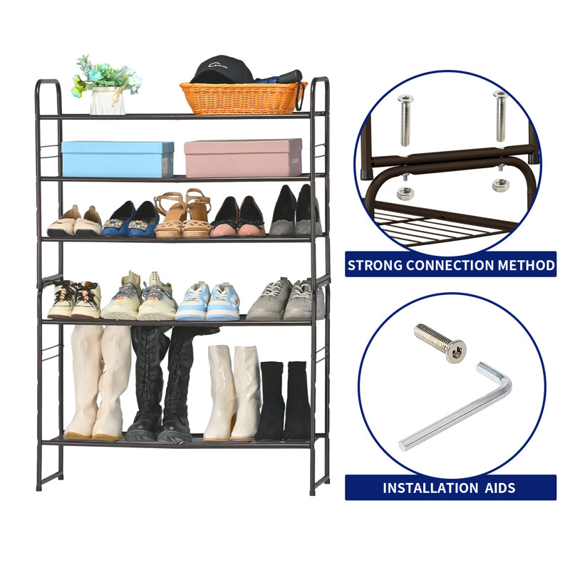 32'' Wide 3-Tier Wire Grid Shoe Rack Shelf for Closet Stackable and Adjustable, Bronze