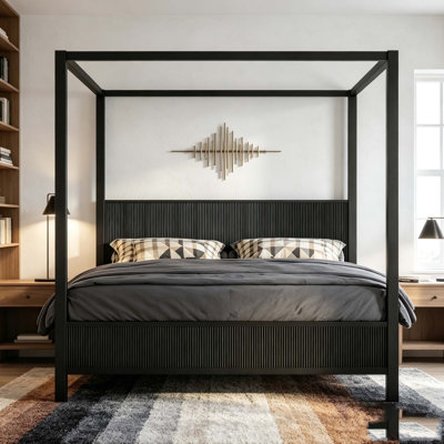Wooden Canopy Platform Bed with Fluted Headboard