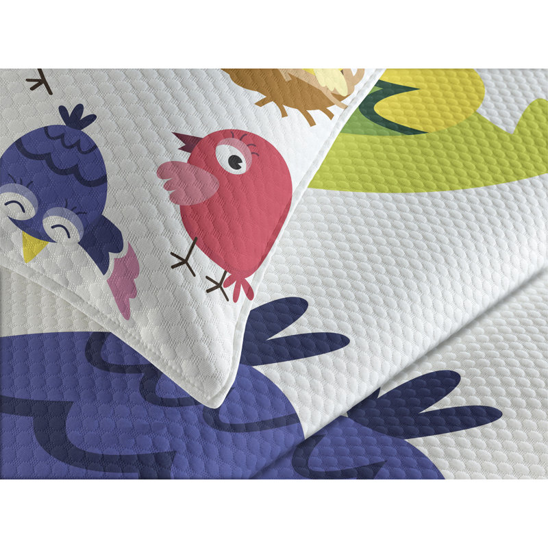White Quilted Kids Queen Bedspread Set with Cartoon Birds