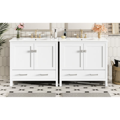 White 72" Bathroom Vanity With Solid Wood Feet, Double Storage Shelves And Easy Faucet Installation For Your 72-inch Modern Ceramic Sinks, Zinc Alloy Handles Soft-close Doors