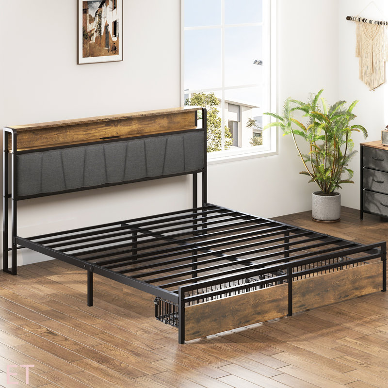 Structure de lit grand format avec lit plateforme tapissier avec tiroirs de rangement, ports USB, lumières DEL, tête de lit tapissier à oreilles