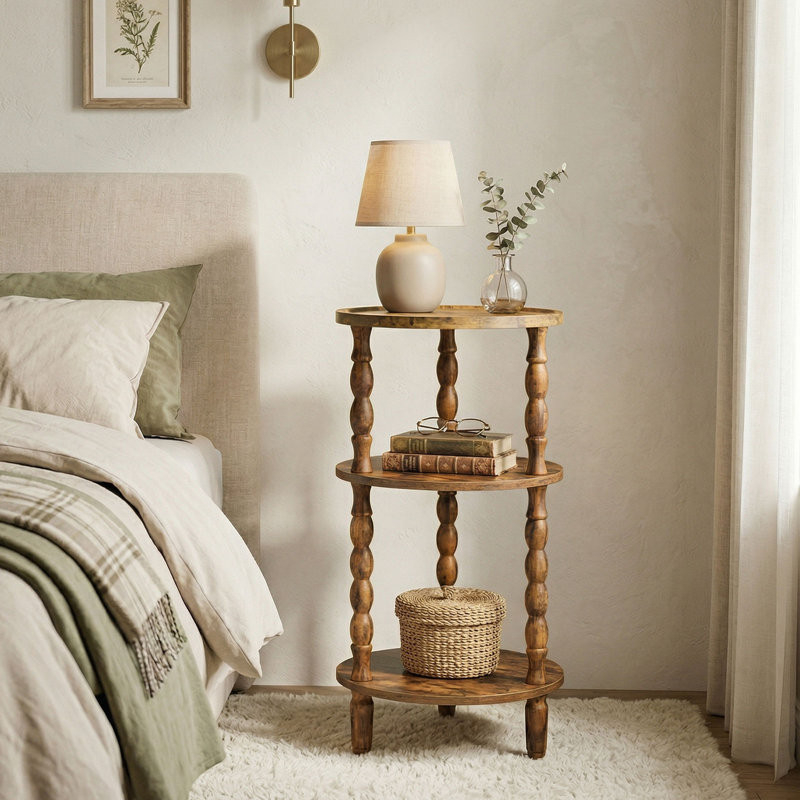 Table d'appoint ronde à 3 niveaux avec pieds en bois massif, Brun rustique